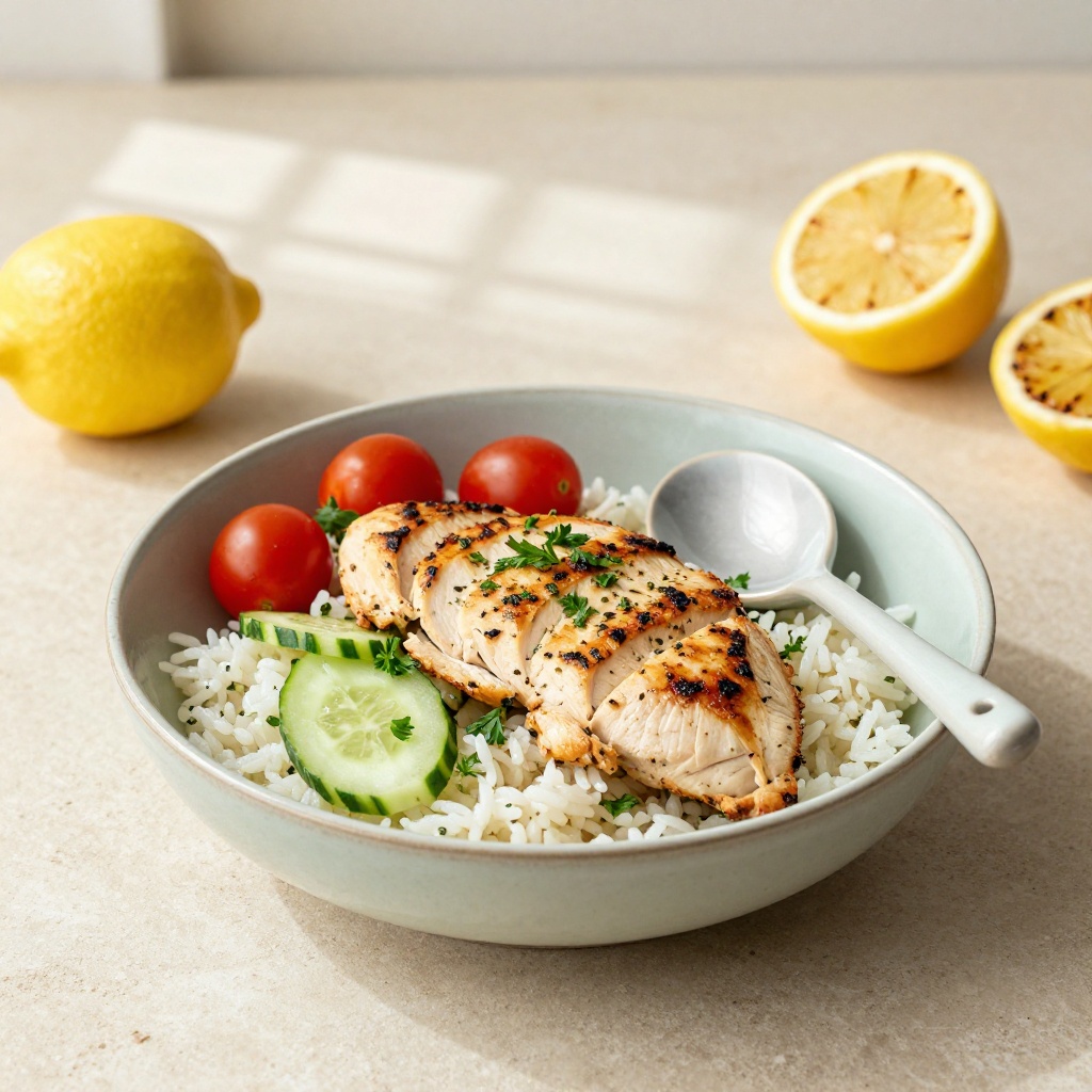 Lemon-herb chicken, rice and fresh vegetables in a ceramic bowl